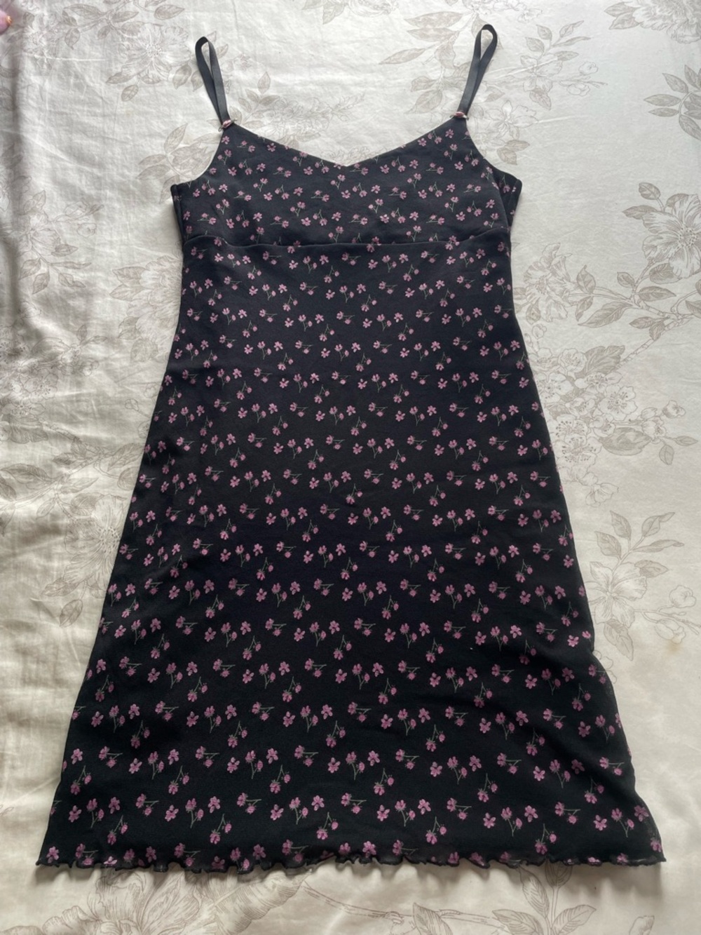 Vintage 90s Black Pink‎ Floral Nylon Mesh Lettuce Hem Babydoll Mini Dress Medium